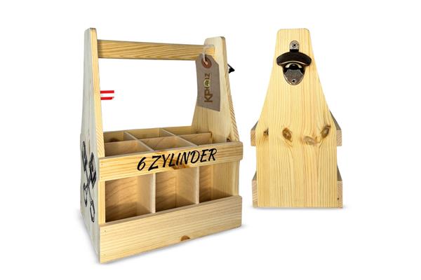 Massivholzbierträger | 6 Zylinder | 6 x 0,5 Liter Bierflaschen
