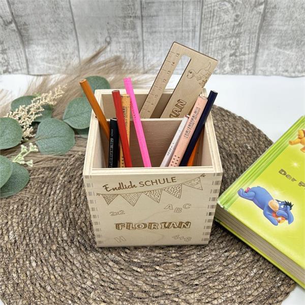 Schulstart-Set: Personalisierte Stiftebox & Lineal mit Lesehilfe – mit deinem Wunschnamen